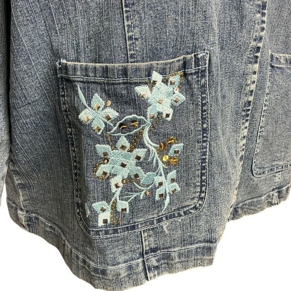 Denim 24/7 Blue Jean Jacket Blazer Long Sleeve with Embroidered Floral Design - Picture 3 of 16